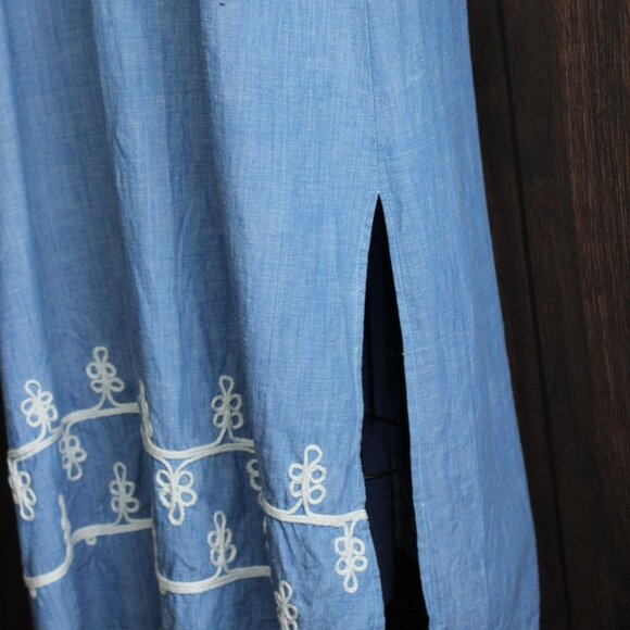 Vintage 1970s Caftan Dress, Blue Maxi Dress with White Embroidery, Traditional - Picture 9 of 10